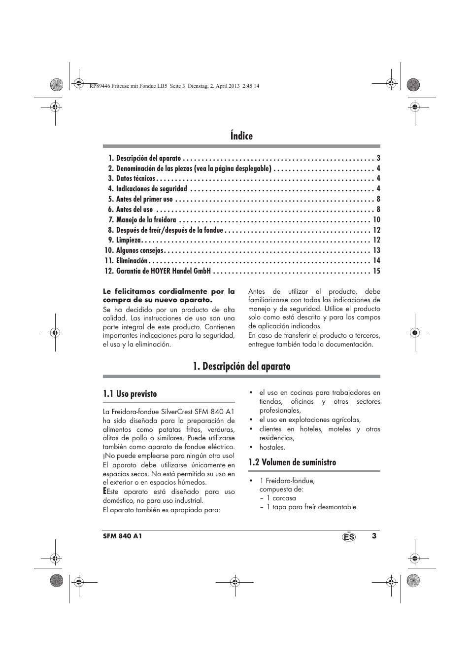 Índice, Descripción del aparato | Silvercrest SFM 840 A1 User Manual | Page 5 / 74