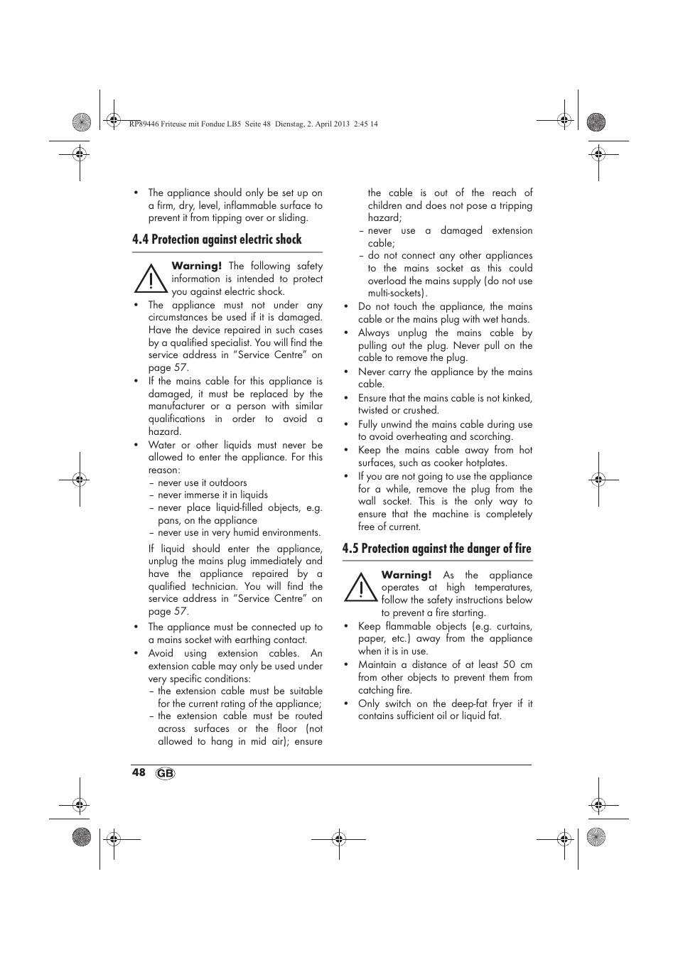 4 protection against electric shock, 5 protection against the danger of fire | Silvercrest SFM 840 A1 User Manual | Page 50 / 74