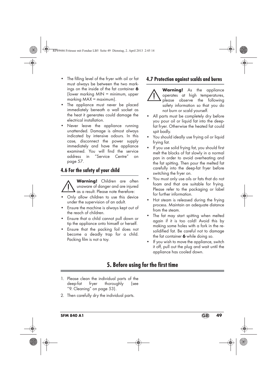 Before using for the first time, 6 for the safety of your child, 7 protection against scalds and burns | Silvercrest SFM 840 A1 User Manual | Page 51 / 74