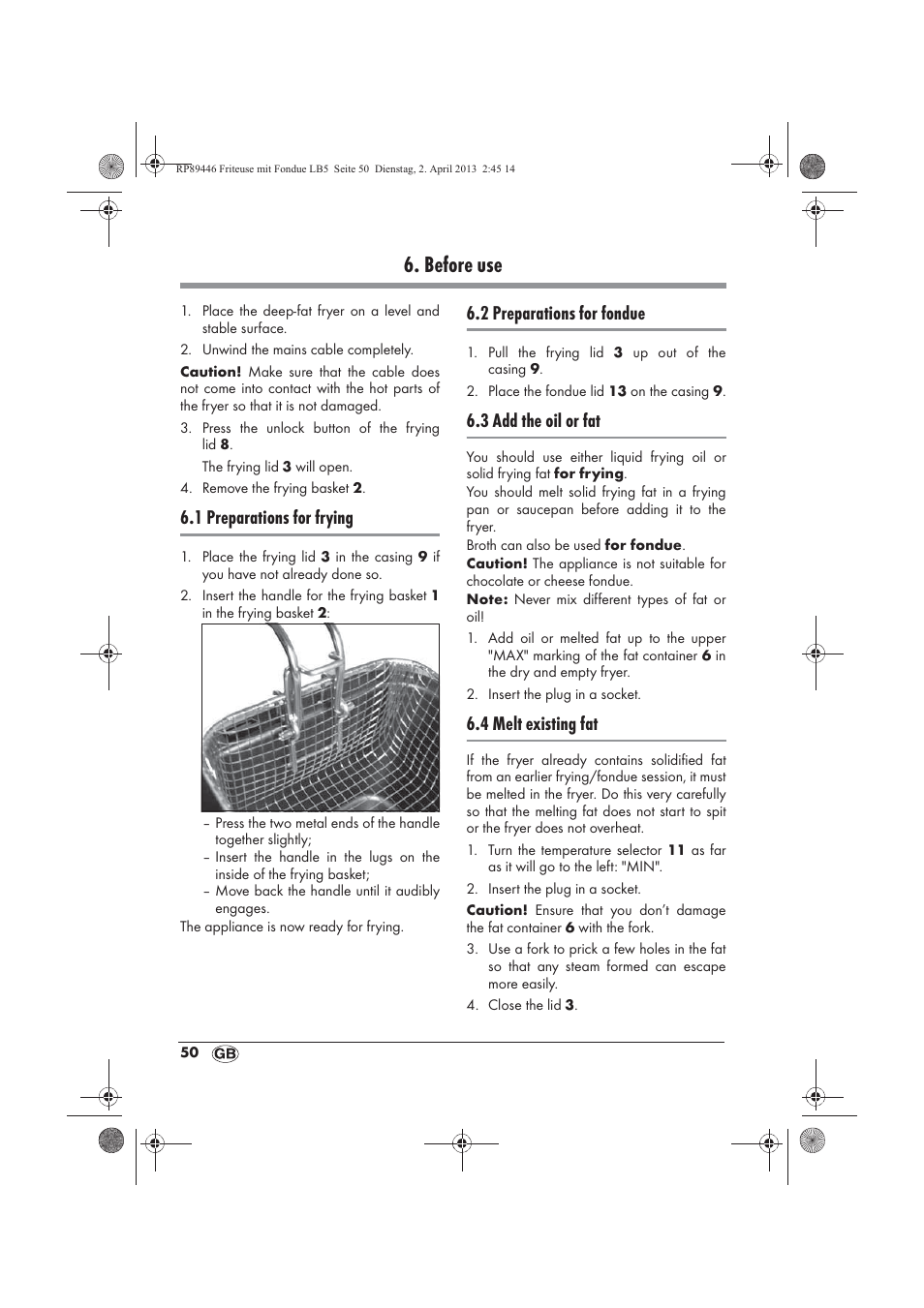 Before use, 1 preparations for frying, 2 preparations for fondue | 3 add the oil or fat, 4 melt existing fat | Silvercrest SFM 840 A1 User Manual | Page 52 / 74