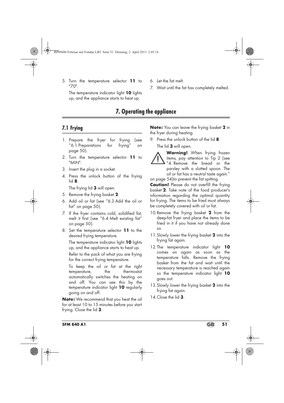 Operating the appliance, 1 frying | Silvercrest SFM 840 A1 User Manual | Page 53 / 74