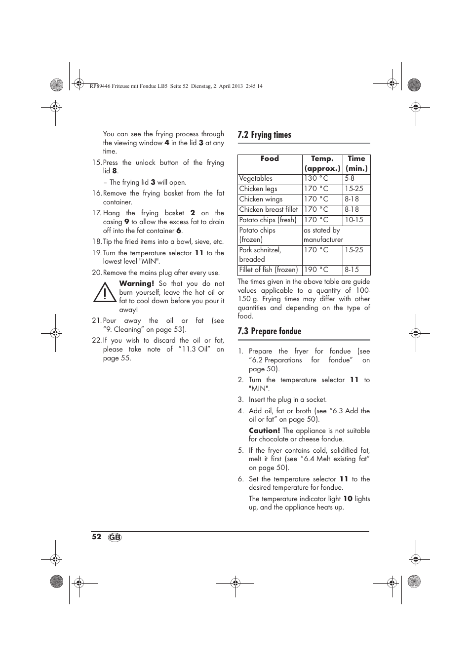 2 frying times, 3 prepare fondue | Silvercrest SFM 840 A1 User Manual | Page 54 / 74