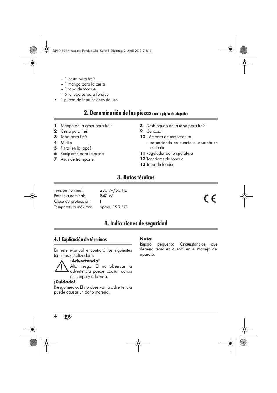 Denominación de las piezas, Datos técnicos, Indicaciones de seguridad | 1 explicación de términos | Silvercrest SFM 840 A1 User Manual | Page 6 / 74