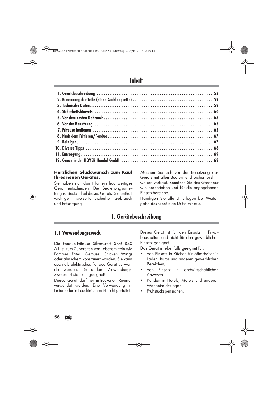 Inhalt, Gerätebeschreibung, 1 verwendungszweck | Silvercrest SFM 840 A1 User Manual | Page 60 / 74