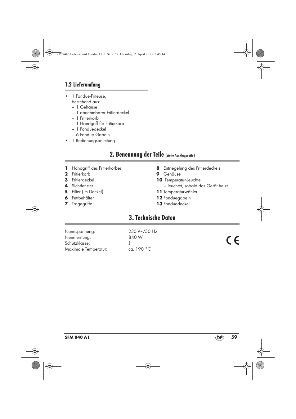 Benennung der teile, Technische daten, 2 lieferumfang | Silvercrest SFM 840 A1 User Manual | Page 61 / 74