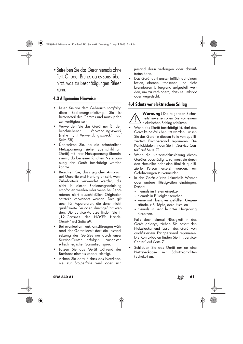 3 allgemeine hinweise, 4 schutz vor elektrischem schlag | Silvercrest SFM 840 A1 User Manual | Page 63 / 74