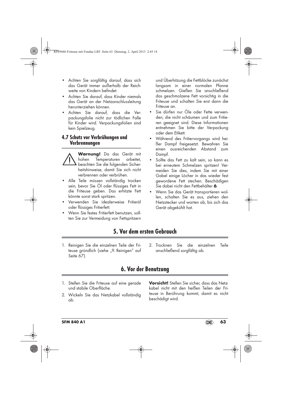 Vor dem ersten gebrauch, Vor der benutzung, 7 schutz vor verbrühungen und verbrennungen | Silvercrest SFM 840 A1 User Manual | Page 65 / 74