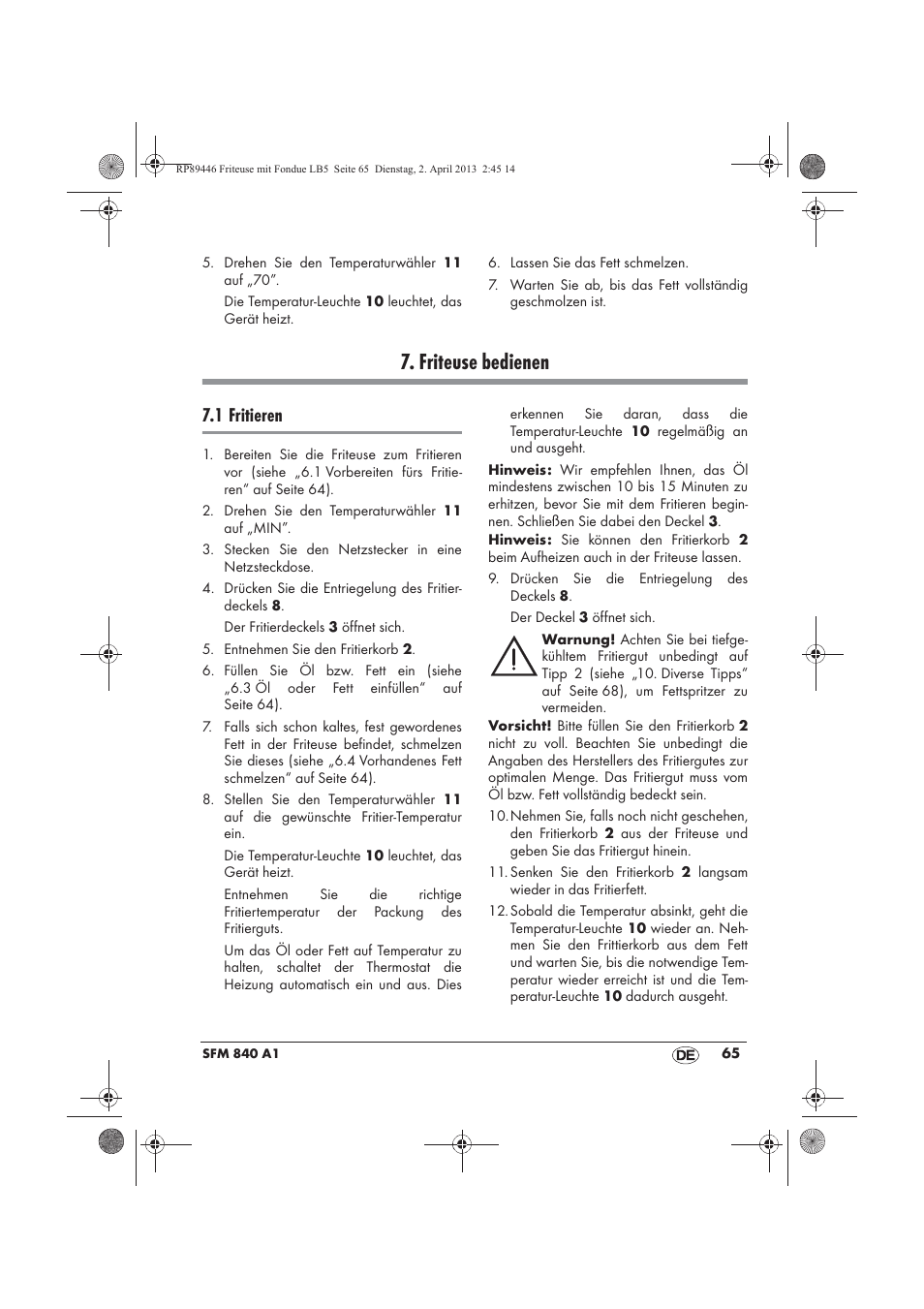 Friteuse bedienen, 1 fritieren | Silvercrest SFM 840 A1 User Manual | Page 67 / 74