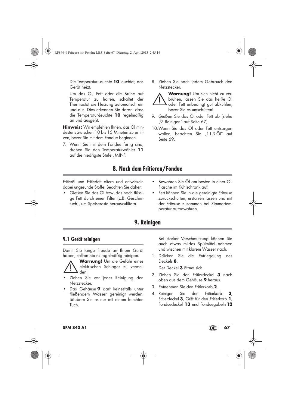 Nach dem fritieren/fondue, Reinigen, 1 gerät reinigen | Silvercrest SFM 840 A1 User Manual | Page 69 / 74