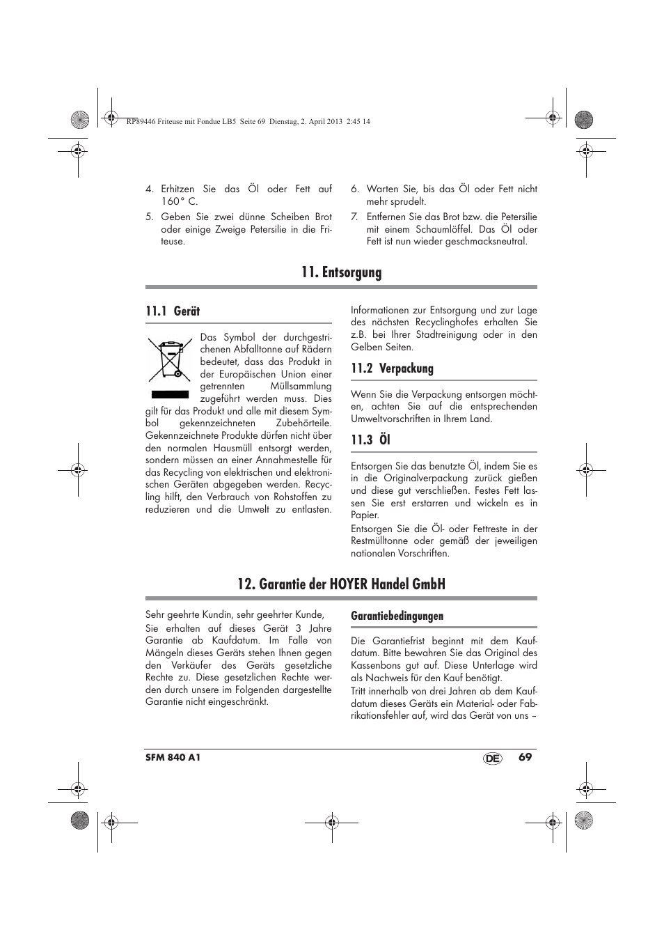 Entsorgung, Garantie der hoyer handel gmbh, 1 gerät | 2 verpackung, 3 öl | Silvercrest SFM 840 A1 User Manual | Page 71 / 74