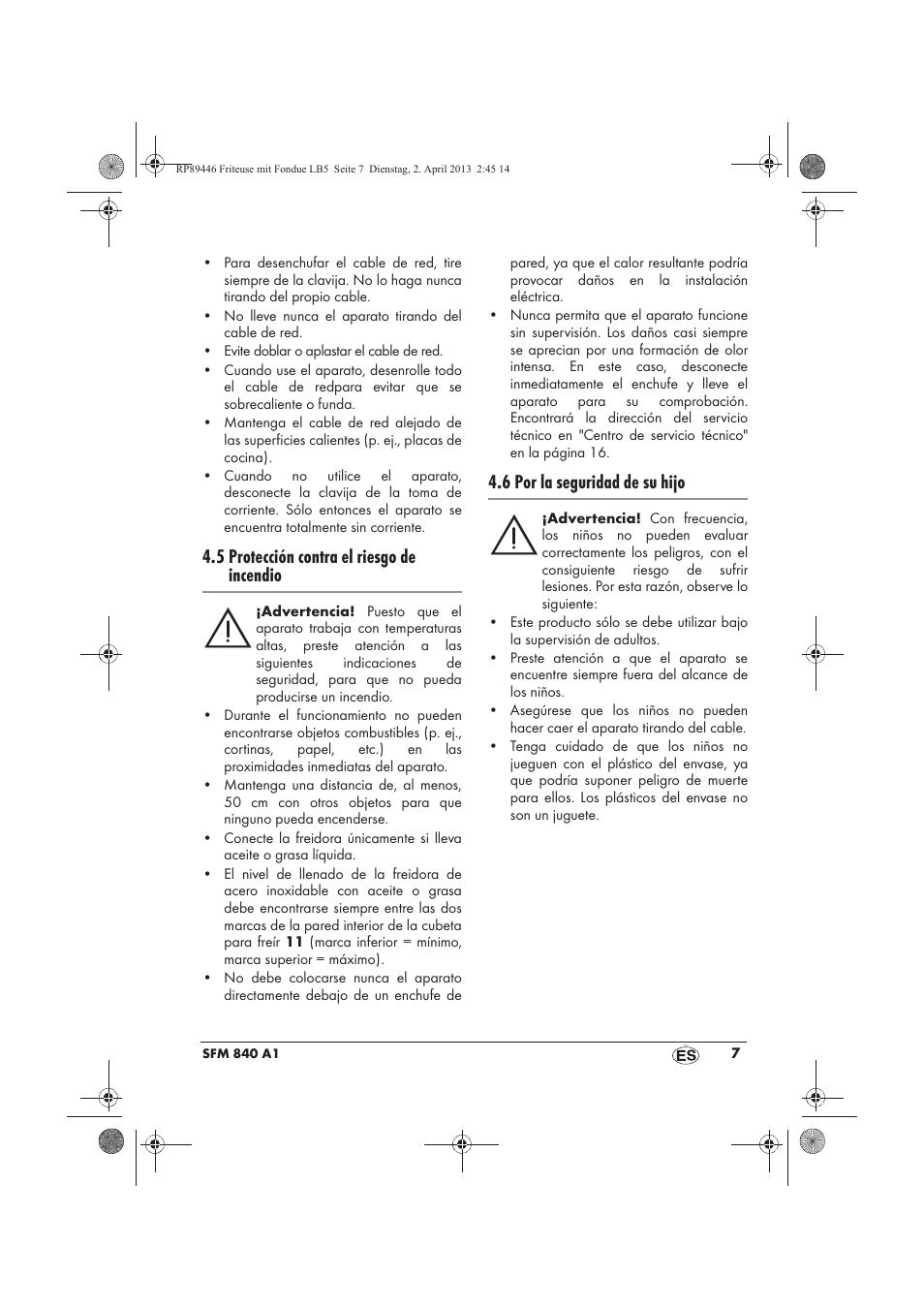 5 protección contra el riesgo de incendio, 6 por la seguridad de su hijo | Silvercrest SFM 840 A1 User Manual | Page 9 / 74
