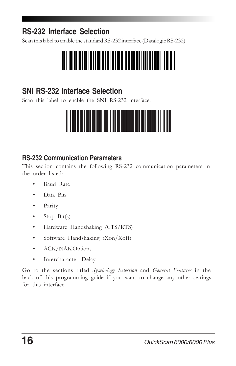 Rs-232 interface selection, Sni rs-232 interface selection | Datalogic Scanning QUICKSCAN 6000 User Manual | Page 20 / 104