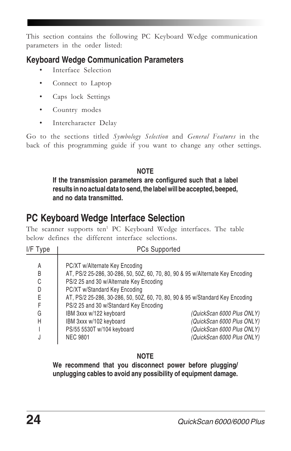 Pc keyboard wedge interface selection, Keyboard wedge communication parameters | Datalogic Scanning QUICKSCAN 6000 User Manual | Page 28 / 104