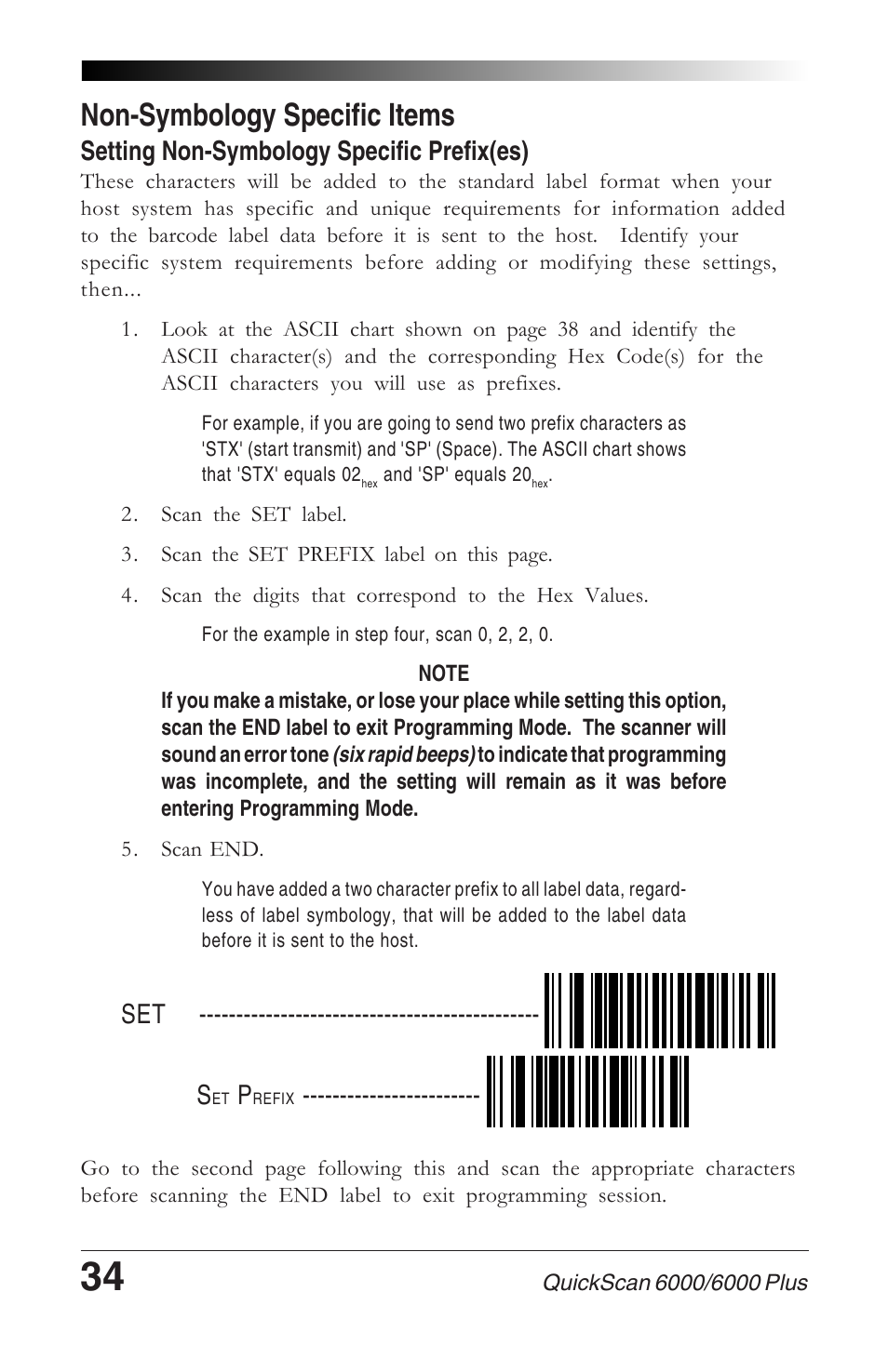 Non-symbology specific items, Setting non-symbology specific prefix(es) | Datalogic Scanning QUICKSCAN 6000 User Manual | Page 38 / 104