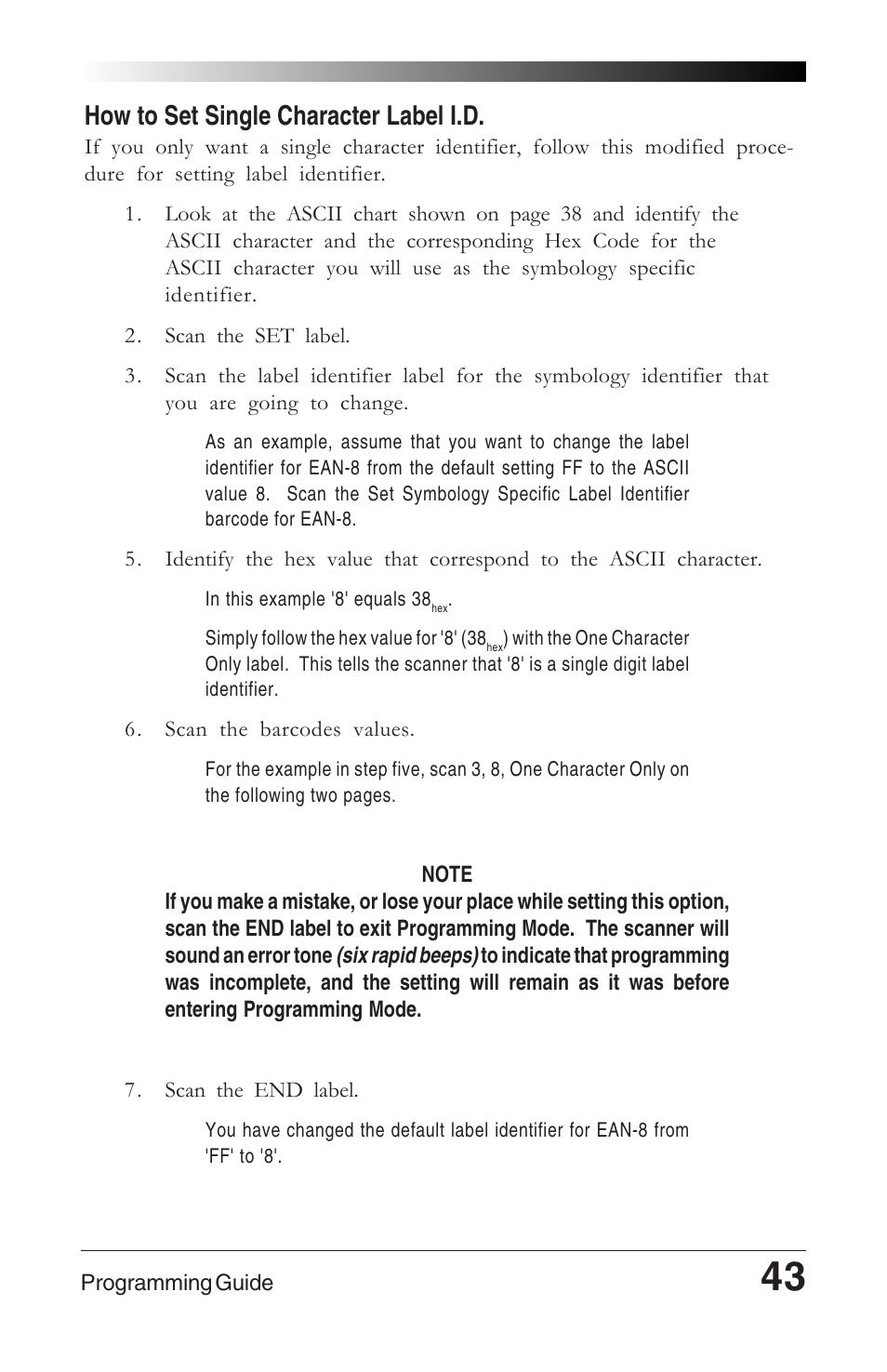 How to set single character label i.d | Datalogic Scanning QUICKSCAN 6000 User Manual | Page 47 / 104