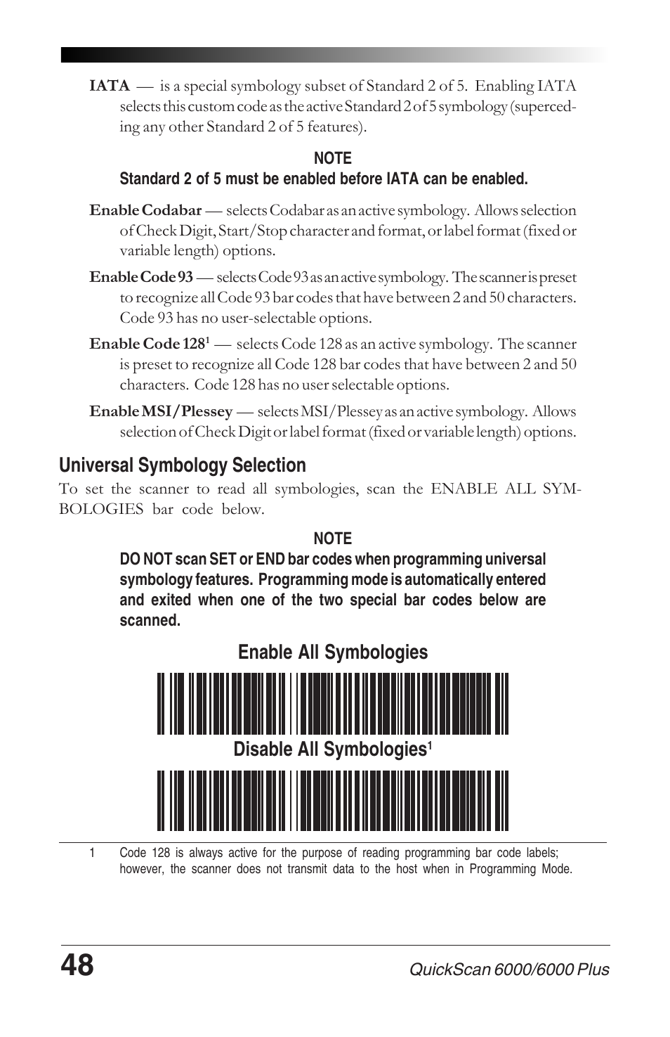 Symbology selection, Universal symbology selection, Enable all symbologies disable all symbologies | Datalogic Scanning QUICKSCAN 6000 User Manual | Page 52 / 104