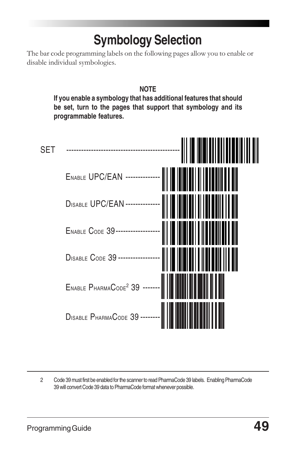 49 symbology selection, Upc/ean -------------- d, Upc/ean -------------- e | 39 ----------------- e, 39 ------- d | Datalogic Scanning QUICKSCAN 6000 User Manual | Page 53 / 104