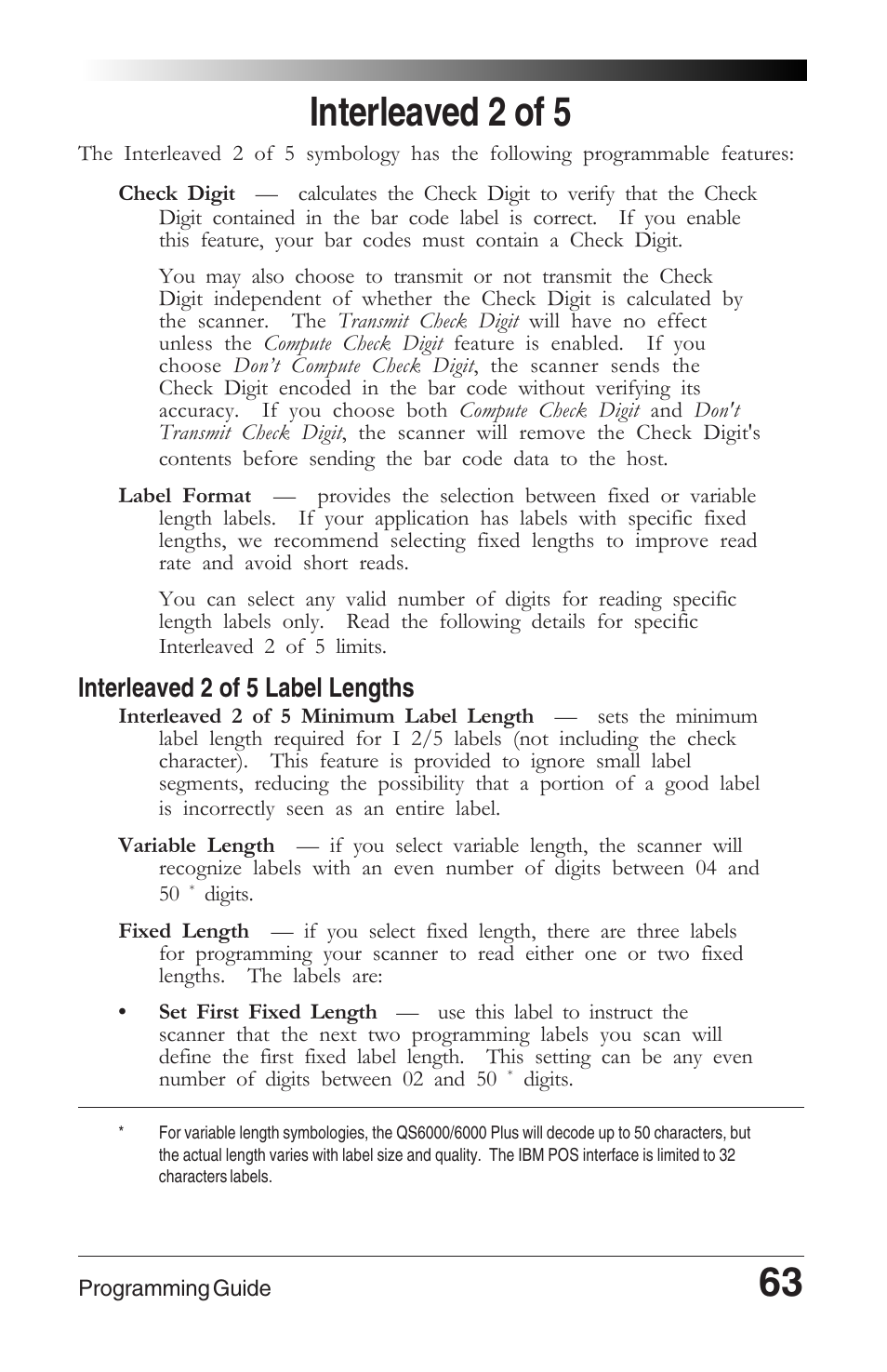 Interleaved 2 of 5, 63 interleaved 2 of 5, Interleaved 2 of 5 label lengths | Datalogic Scanning QUICKSCAN 6000 User Manual | Page 67 / 104