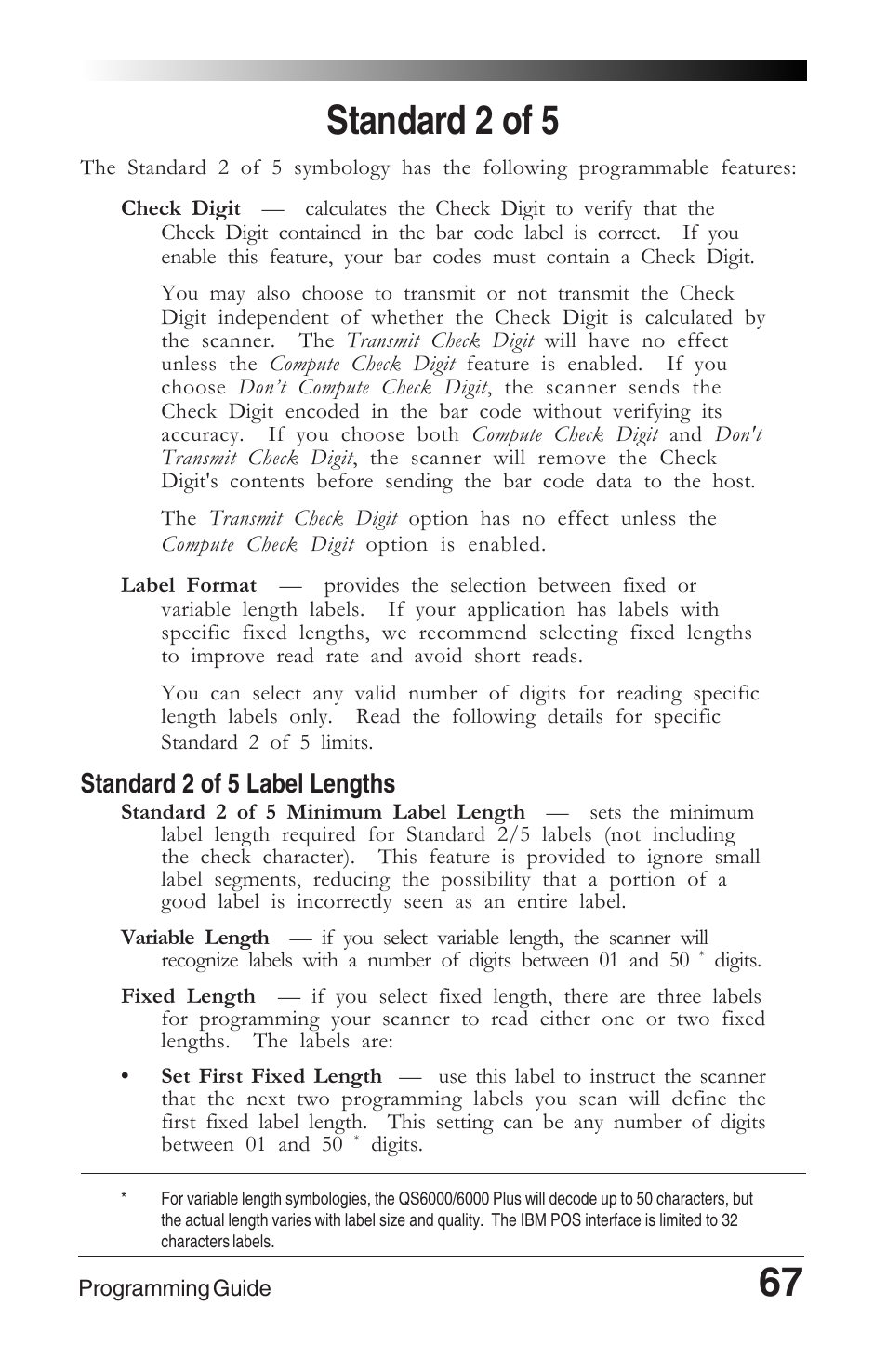 Standard 2 of 5, 67 standard 2 of 5, Standard 2 of 5 label lengths | Datalogic Scanning QUICKSCAN 6000 User Manual | Page 71 / 104
