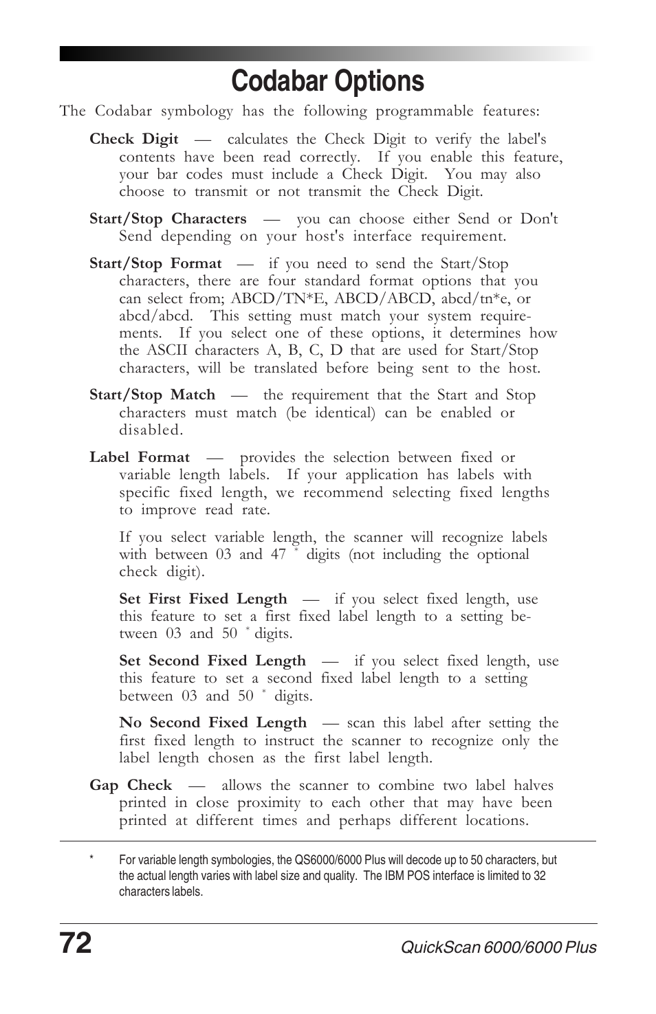 Codabar options | Datalogic Scanning QUICKSCAN 6000 User Manual | Page 76 / 104