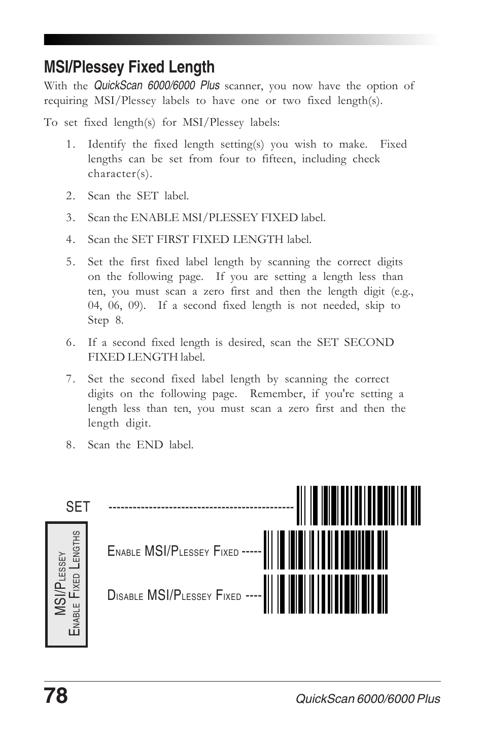 Msi/plessey fixed length, Msi/p | Datalogic Scanning QUICKSCAN 6000 User Manual | Page 82 / 104