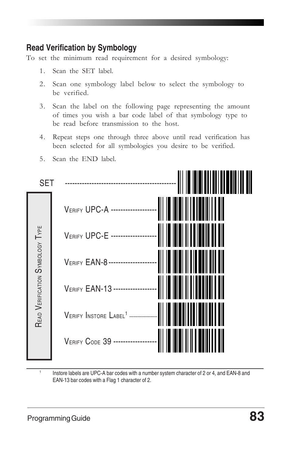 Read verification by symbology, Upc-a ------------------- v, Upc-e ------------------- v | Ean-8 -------------------- v, Ean-13 ------------------ v | Datalogic Scanning QUICKSCAN 6000 User Manual | Page 87 / 104