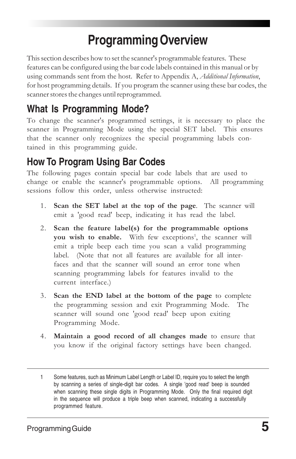 If you make a mistake, Return to factory settings, 5programming overview | What is programming mode, How to program using bar codes | Datalogic Scanning QUICKSCAN 6000 User Manual | Page 9 / 104
