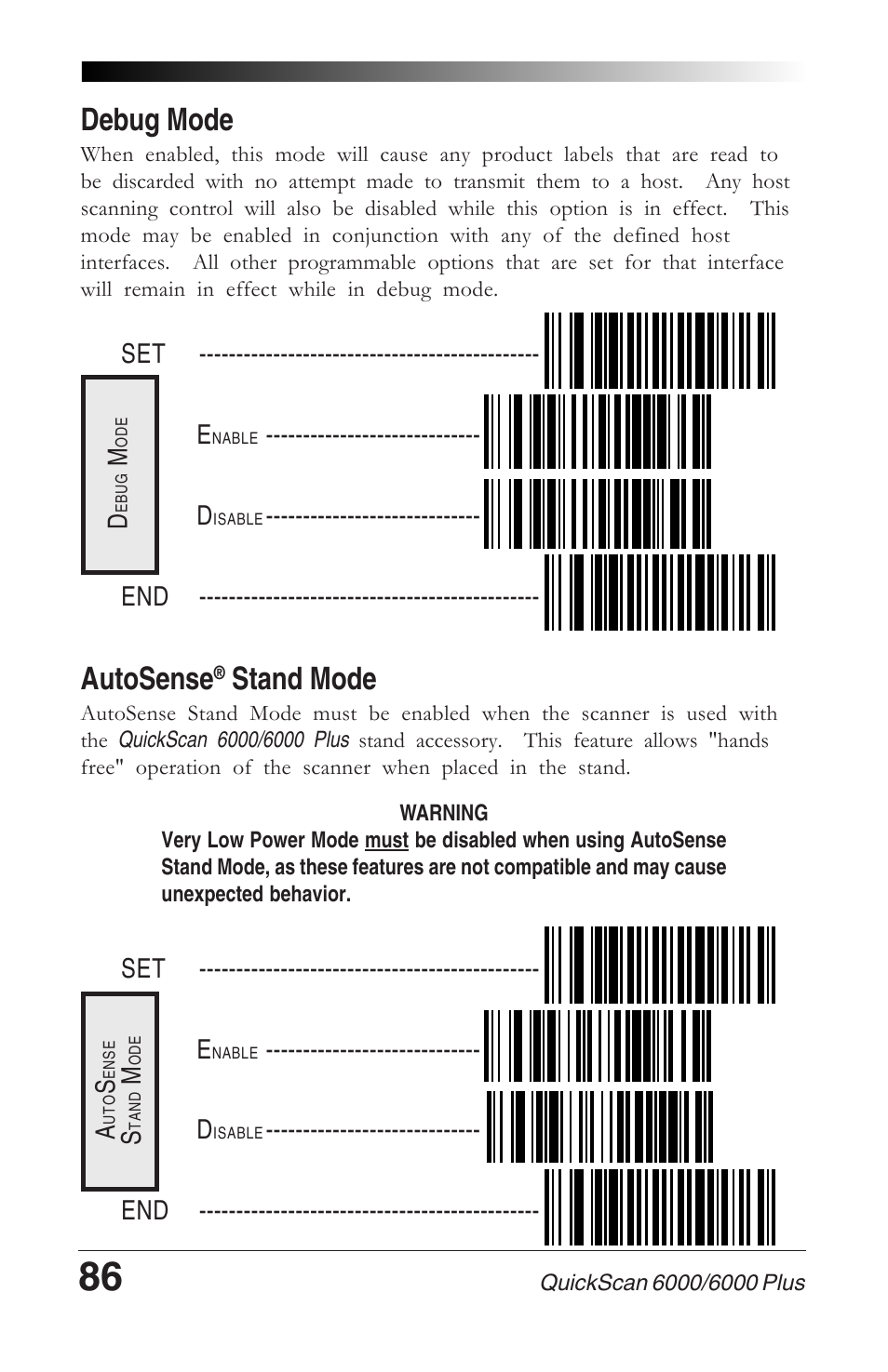 Debug mode, Autosense® stand mode, Autosense | Stand mode | Datalogic Scanning QUICKSCAN 6000 User Manual | Page 90 / 104