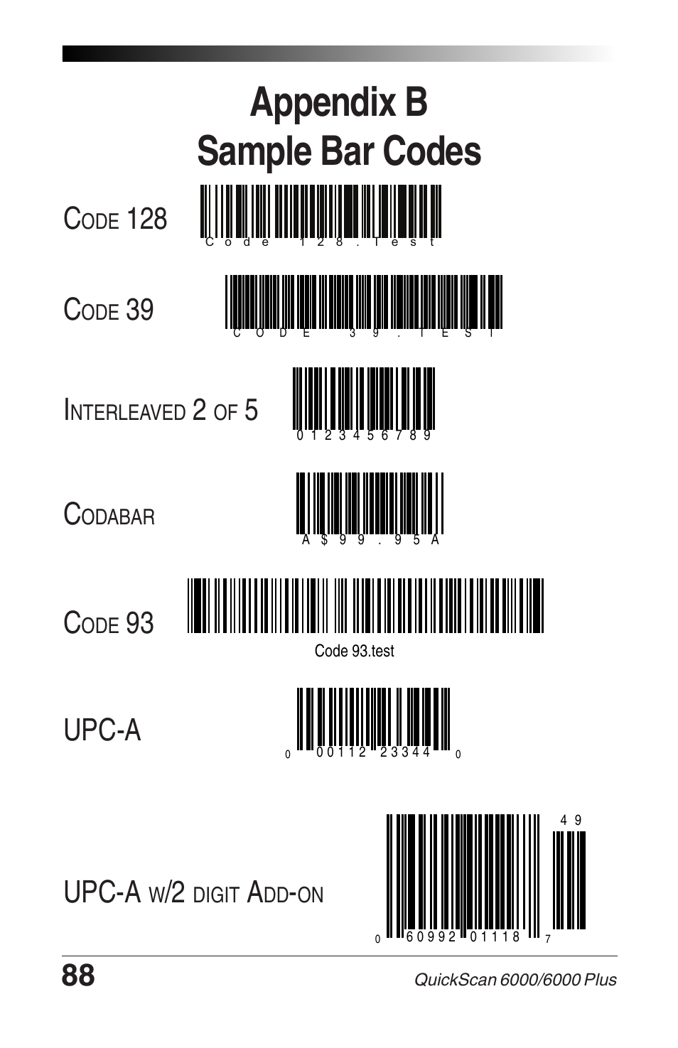 Appendix b sample bar codes, Upc-a | Datalogic Scanning QUICKSCAN 6000 User Manual | Page 92 / 104