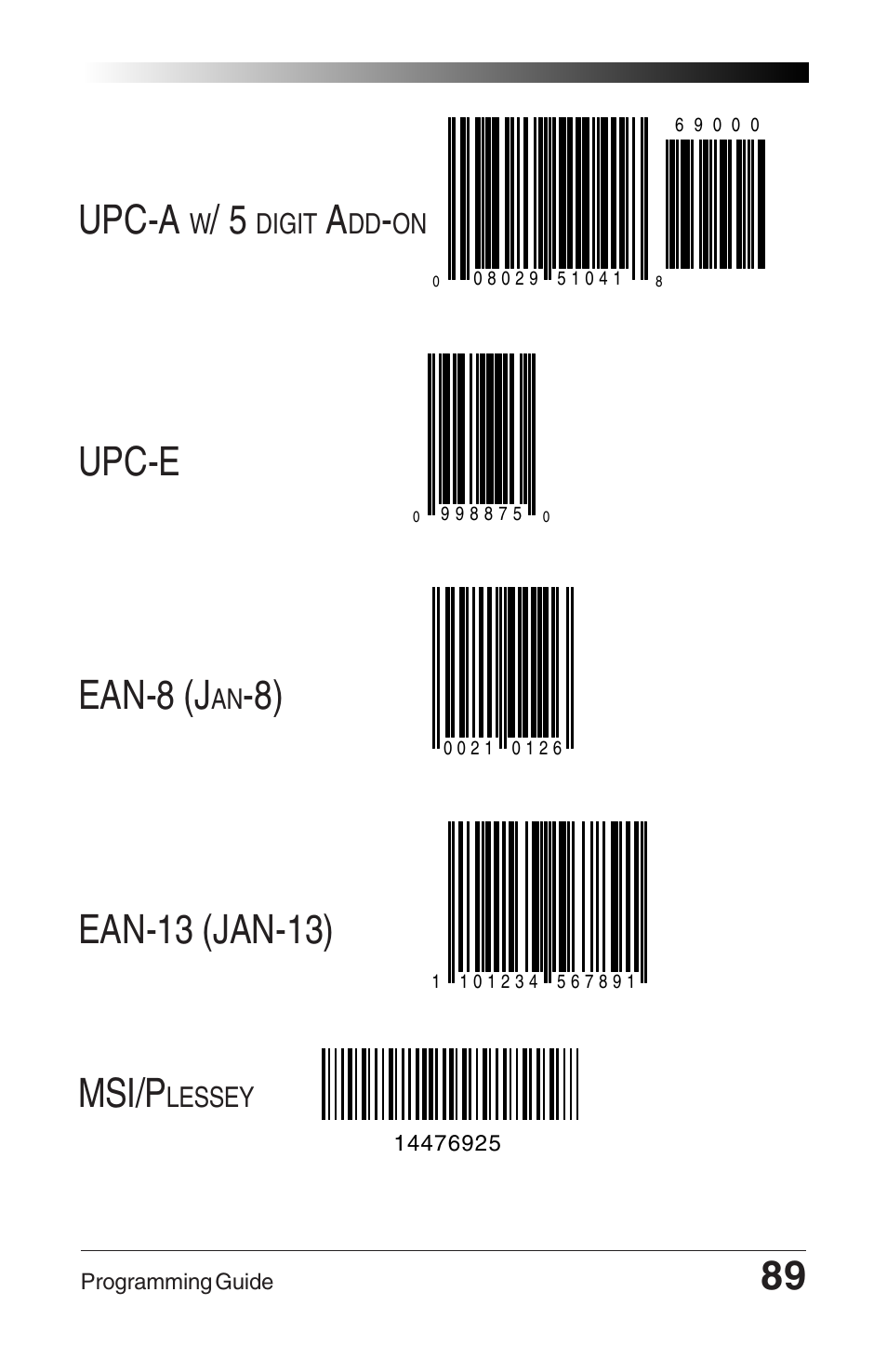 89 upc-a, Upc-e, Ean-8 (j | Ean-13 (jan-13), Msi/p | Datalogic Scanning QUICKSCAN 6000 User Manual | Page 93 / 104