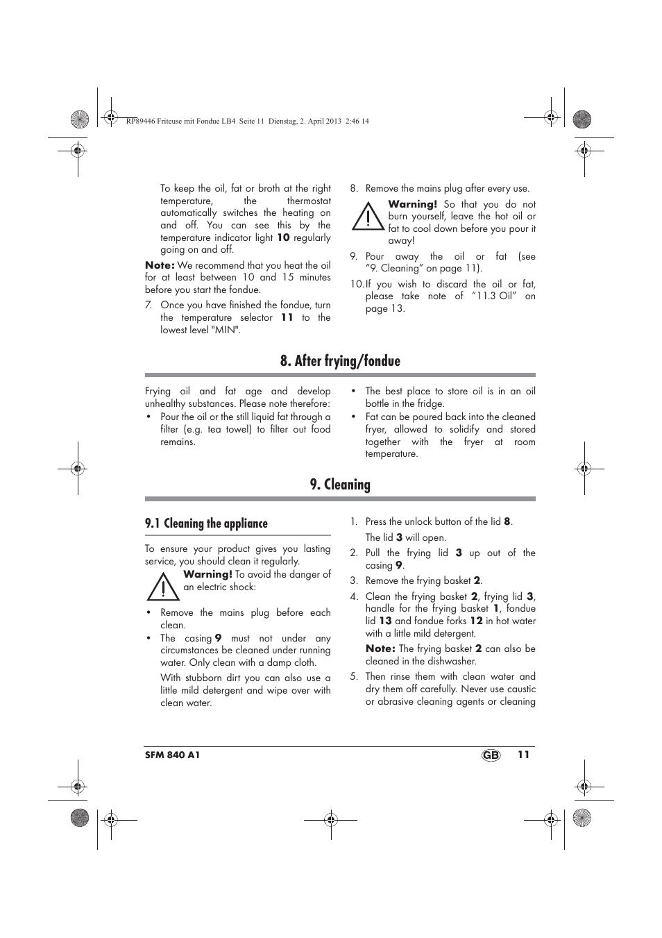 After frying/fondue, Cleaning, 1 cleaning the appliance | Silvercrest SFM 840 A1 User Manual | Page 13 / 98