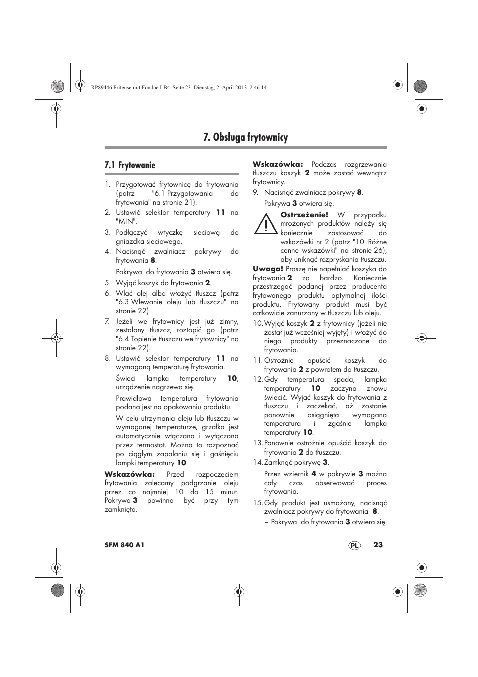 Obsługa frytownicy, 1 frytowanie | Silvercrest SFM 840 A1 User Manual | Page 25 / 98