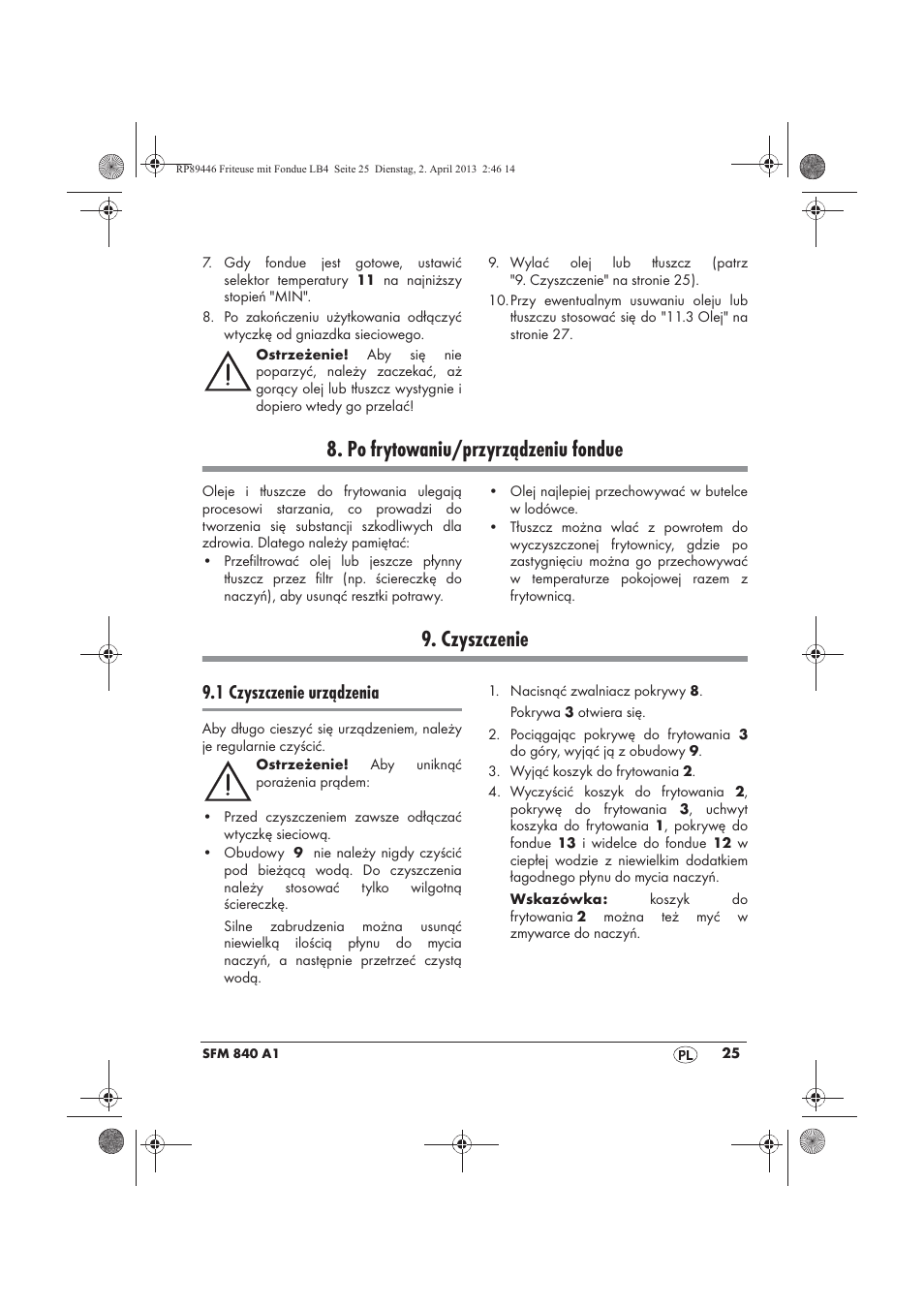 Po frytowaniu/przyrządzeniu fondue, Czyszczenie, 1 czyszczenie urządzenia | Silvercrest SFM 840 A1 User Manual | Page 27 / 98