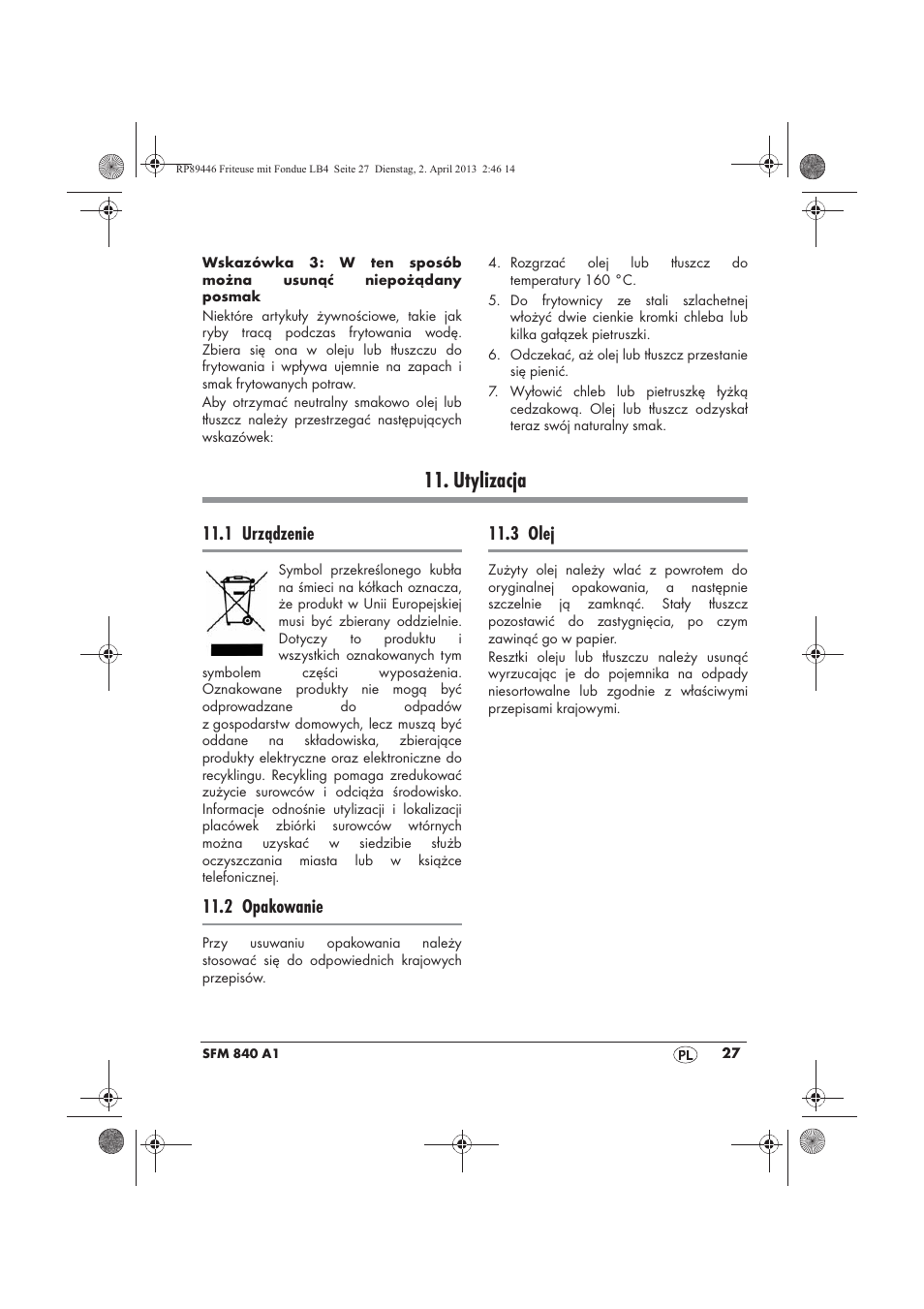 Utylizacja, 1 urządzenie, 2 opakowanie | 3 olej | Silvercrest SFM 840 A1 User Manual | Page 29 / 98