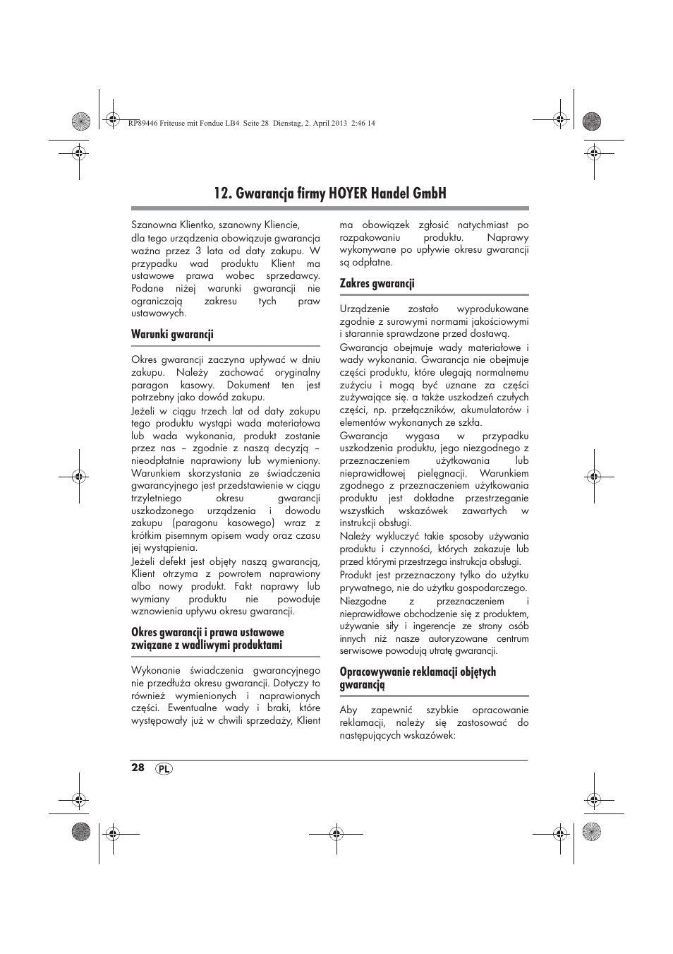 Gwarancja firmy hoyer handel gmbh | Silvercrest SFM 840 A1 User Manual | Page 30 / 98