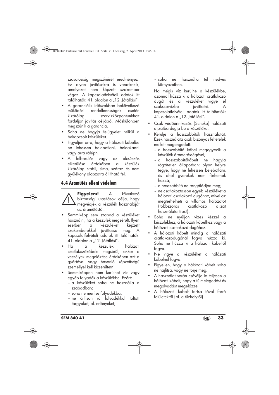 4 áramütés elleni védelem | Silvercrest SFM 840 A1 User Manual | Page 35 / 98
