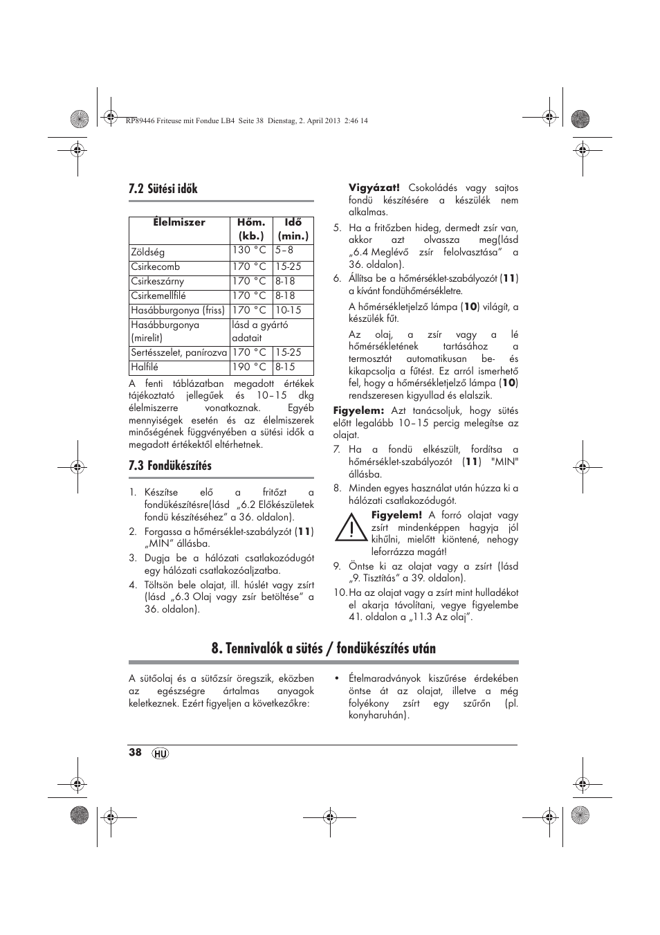Tennivalók a sütés / fondükészítés után, 2 sütési idők, 3 fondükészítés | Silvercrest SFM 840 A1 User Manual | Page 40 / 98