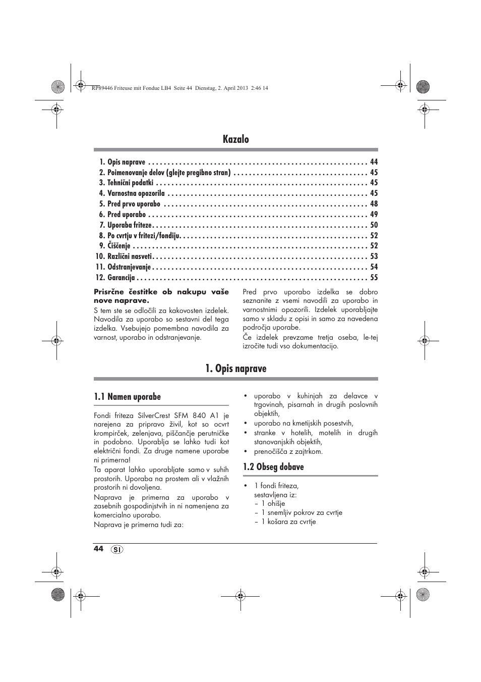 Kazalo, Opis naprave | Silvercrest SFM 840 A1 User Manual | Page 46 / 98
