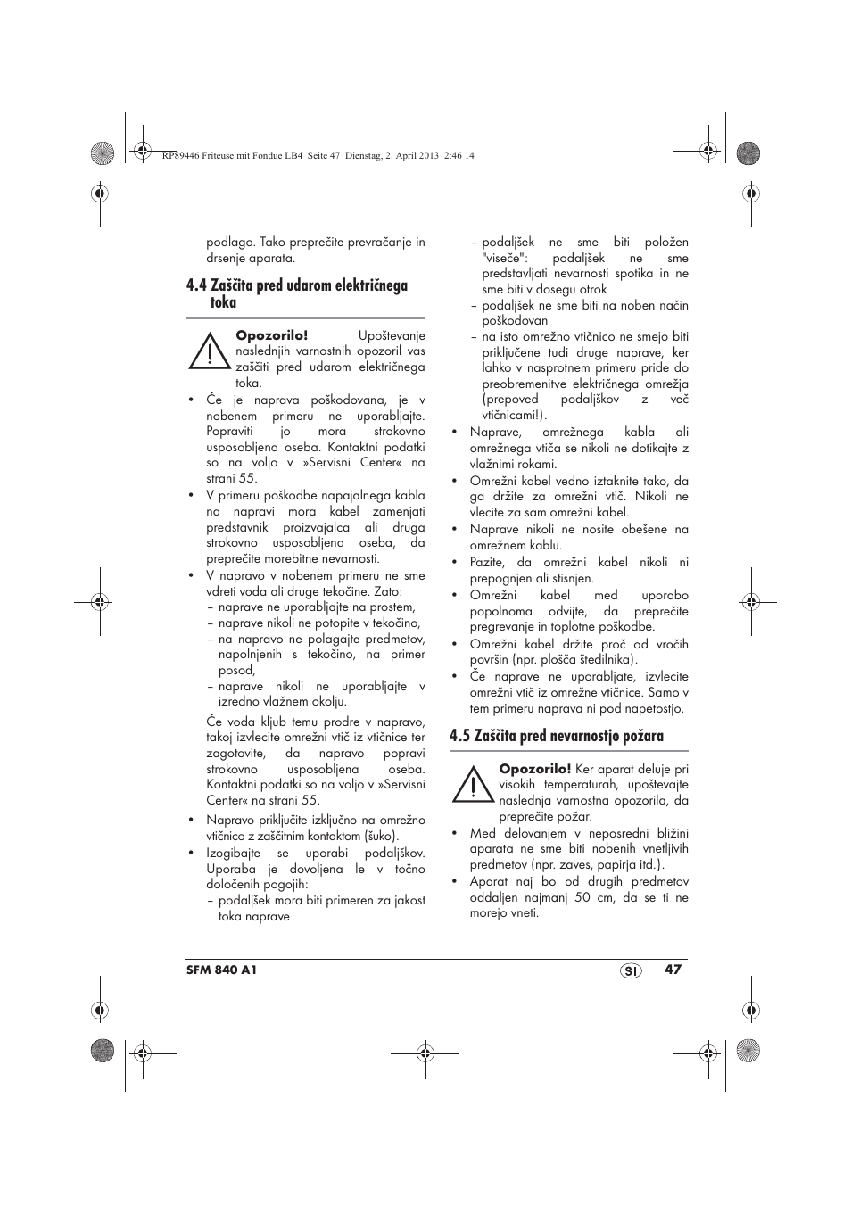 4 zaščita pred udarom električnega toka, 5 zaščita pred nevarnostjo požara | Silvercrest SFM 840 A1 User Manual | Page 49 / 98