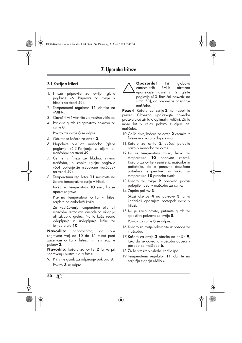 Uporaba friteze, 1 cvrtje v fritezi | Silvercrest SFM 840 A1 User Manual | Page 52 / 98