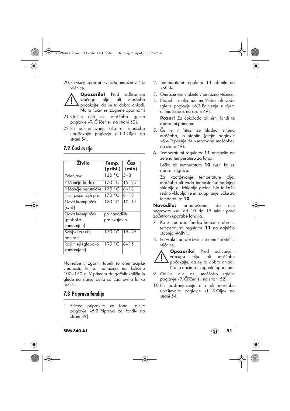 2 časi cvrtja, 3 priprava fondija | Silvercrest SFM 840 A1 User Manual | Page 53 / 98