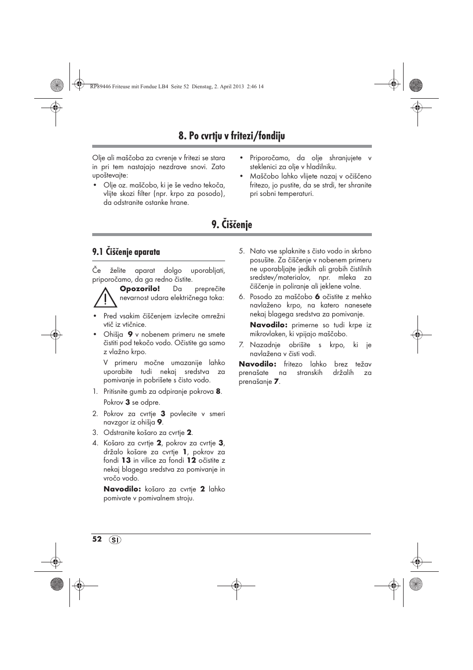 Po cvrtju v fritezi/fondiju, Čiščenje, 1 čiščenje aparata | Silvercrest SFM 840 A1 User Manual | Page 54 / 98