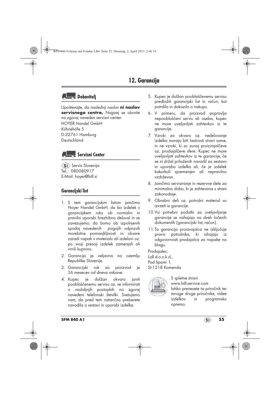 Garancija, Dobavitelj, Servisni center | Garancijski list | Silvercrest SFM 840 A1 User Manual | Page 57 / 98