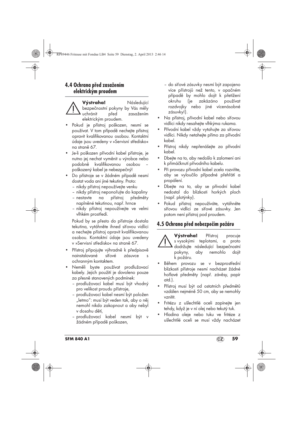 4 ochrana před zasažením elektrickým proudem, 5 ochrana před nebezpečím požáru | Silvercrest SFM 840 A1 User Manual | Page 61 / 98