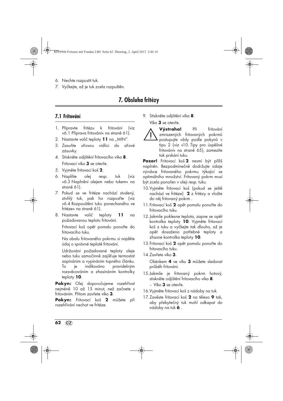 Obsluha fritézy, 1 fritování | Silvercrest SFM 840 A1 User Manual | Page 64 / 98