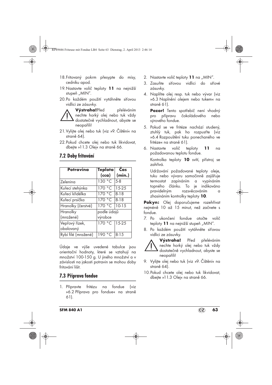 2 doby fritování, 3 příprava fondue | Silvercrest SFM 840 A1 User Manual | Page 65 / 98