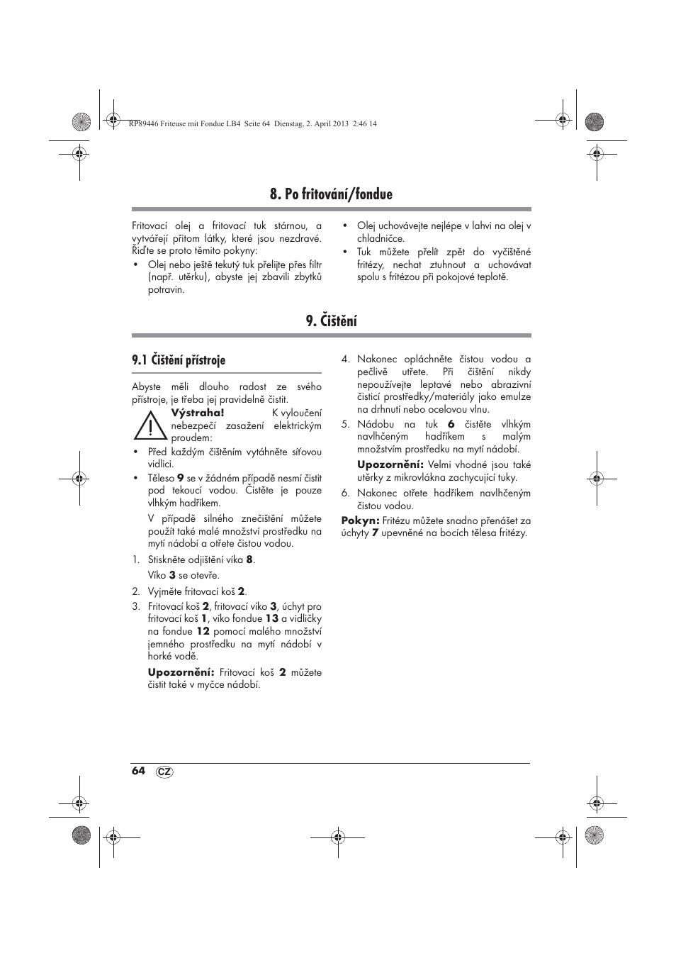 Po fritování/fondue, Čištění, 1 čištění přístroje | Silvercrest SFM 840 A1 User Manual | Page 66 / 98