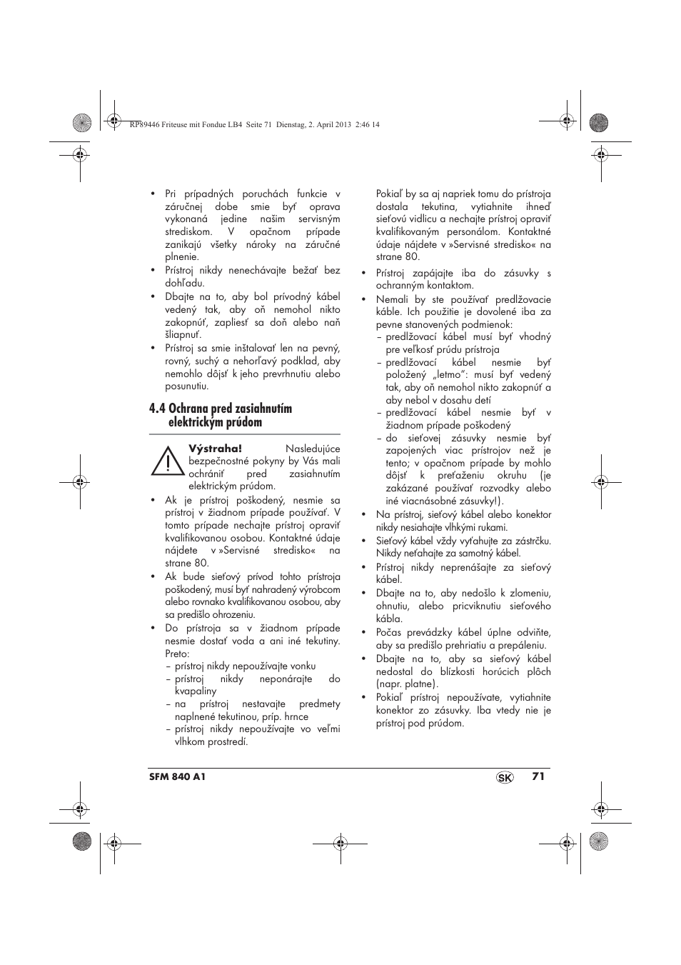 4 ochrana pred zasiahnutím elektrickým prúdom | Silvercrest SFM 840 A1 User Manual | Page 73 / 98