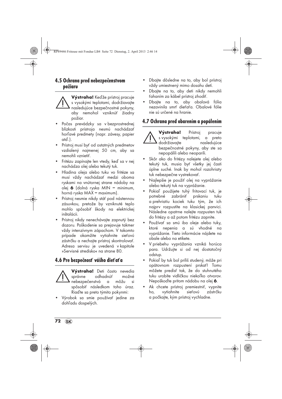 5 ochrana pred nebezpečenstvom požiaru, 6 pre bezpečnosť vášho dieťaťa, 7 ochrana pred obarením a popálením | Silvercrest SFM 840 A1 User Manual | Page 74 / 98