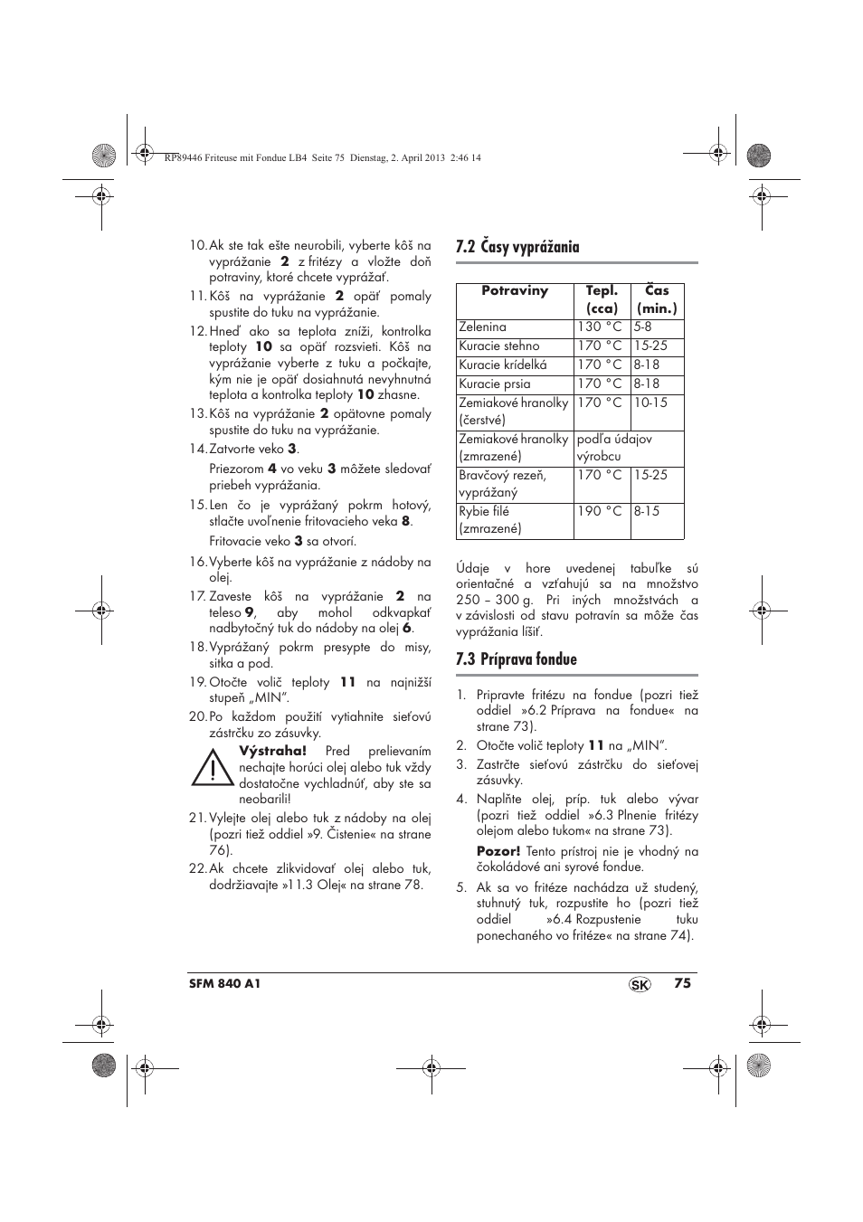 2 časy vyprážania, 3 príprava fondue | Silvercrest SFM 840 A1 User Manual | Page 77 / 98